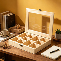 Boîte en bois avec couvercle en verre, 9 compartiments, coffre à thé en pin brut, organisateur de bijoux en bois non fini, vitrine décorative à couvercle articulé