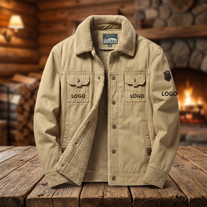 <b>Men's</b> Fleece <b>Safari</b> <b>Jacket</b> Stand Collar Waterproof PU Material Zipper Closure Regular Fit Autumn Wear Logo on Sleeve - Product Image 3