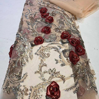 Tissu en dentelle brodée florale 3D avec perles et paillettes, 100% polyester, sans élastique, élégant, luxueux, pour robe de mariée