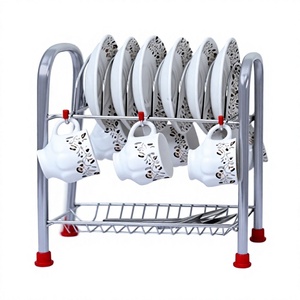 Étagère à vaisselle en métal à double niveau avec supports pour tasses, résistante à la rouille, support de rangement pour la vaisselle de cuisine, type moderne sur pied - Product Image 6