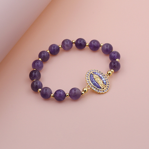 Bracelet fait main en or 18 carats plaqué or, quartz rose, Vierge <span class=keywords><strong>Marie</strong></span>, micro-pavé CZ, médaille religieuse pour femmes, bijoux spirituels - Product Image 2
