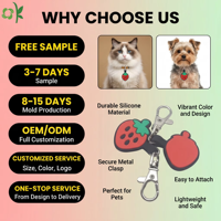 Oksilicone Grosir Tag ID Hewan Peliharaan Mewah Bentuk Stroberi Gantungan Kunci Silikon Personalisasi Ukiran Laser Nama Anjing Identifikasi