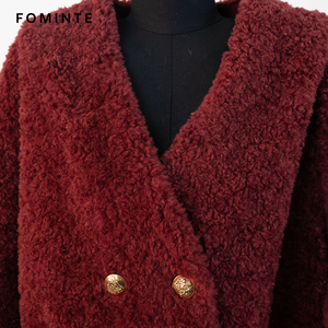 Chaqueta de forro polar boucle rojo vino al por mayor para <span class=keywords><strong>mujer</strong></span>, abrigo cálido de invierno de felpa sherpa de gran gramaje, estilo urbano y a la moda, en stock. - Product Image 6