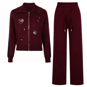 2025 하이 퀄리티 재고 가을 신상품 레이디 턴 다운 칼라 긴 소매 비즈 카디건 와이드 다리 바지 솔리드 니트 2pcs - Product Image 2