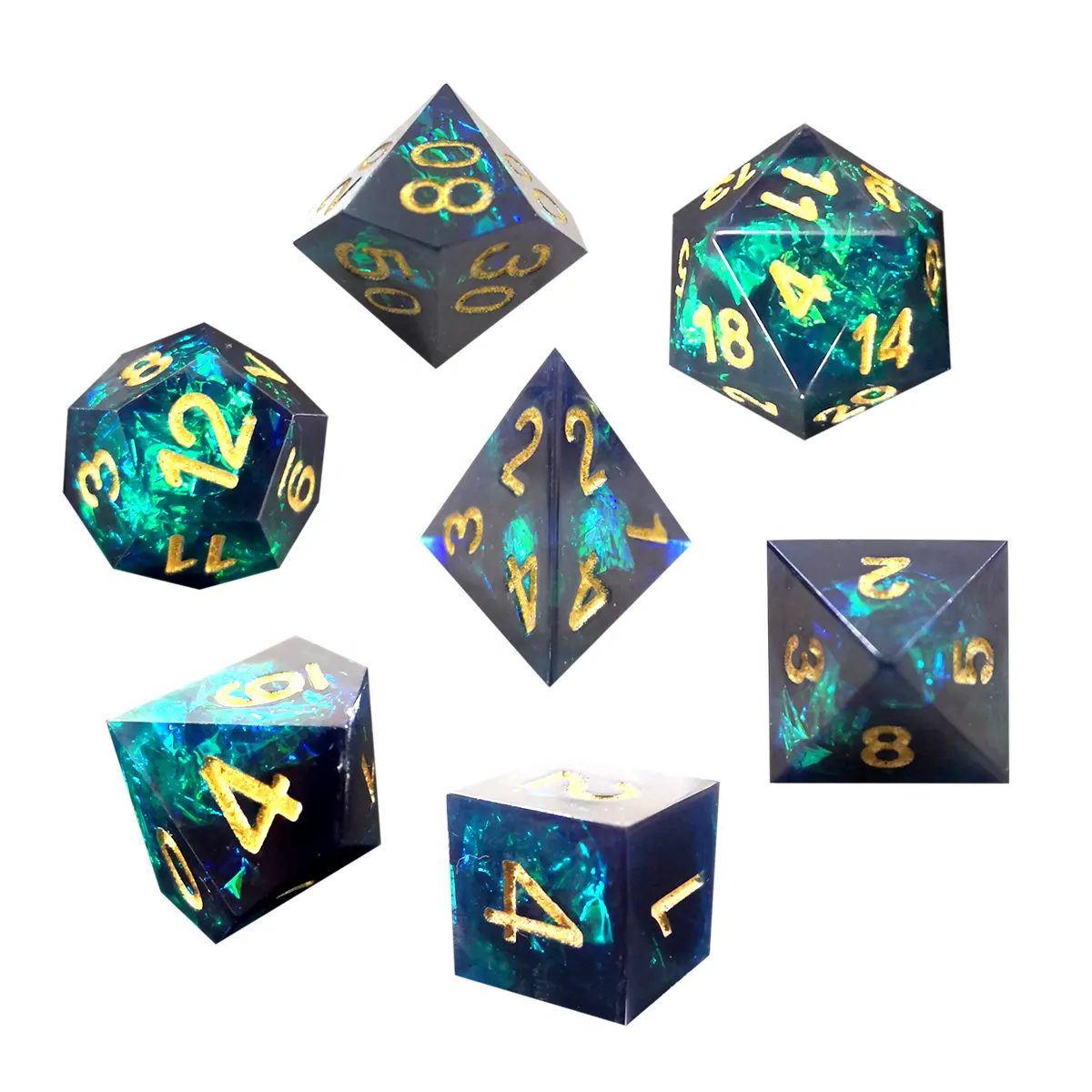 7 Piece Clear Rainbow Glitter Polyhedral Dice Set W/ Gray Dice Bag