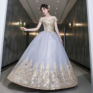 Women's Evening Gown Silver Gray Tulle Long Skirt Stage Performance Wear 3D Stereoscopic Patterns Polyester Fiber - Product Image 3