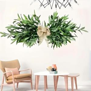 พวงมาลาพีวีซีใบมะกอกประดิษฐ์2ชิ้นพร้อมโบว์ลินินสไตล์ชนบทสำหรับแขวนผนังสีเขียวในร่มสำหรับงานแต่งงานและวันคริสต์มาส - Product Image 1