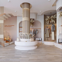 Tienda de ropa moderna Diseño de mostrador de piso lacado Estantes de pared personalizados Estantes de exhibición de ropa de acero inoxidable Góndola de madera