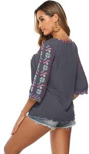 Blusa estilo bohemio con manga corta para verano, <span class=keywords><strong>camisa</strong></span> estilo bohemio con bordado para <span class=keywords><strong>mujer</strong></span> - Product Image 3
