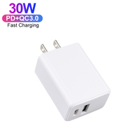 Chargeur mural GaN 30W 2 USB & Type C Bloc de charge rapide 2 ports Adaptateur de prise USB C PD + QC Prise US/EU pour téléphone portable