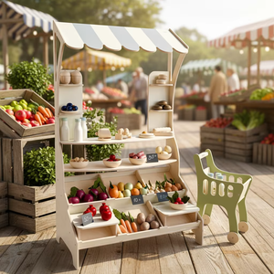 Chariot de courses en bois pour enfants, supermarché, chariot à pousser à la main, jouet de jeu de rôle pour la maternelle, pour les enfants de 5 à 7 ans - Product Image 4