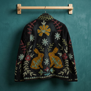 Wholesale Black <b>Velvet</b> Rabbit Embroidered <b>Jacket</b> Handmade Floral Winter Boho <b>Women</b> Outerwear Artisanal Vintage Coat Supplier - Product Image 5