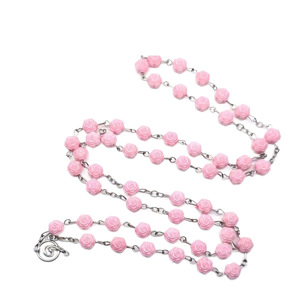 Collier chapelet rose en résine, perles en résine, chaîne en argent, bijoux cadeau unisexe - Product Image 3