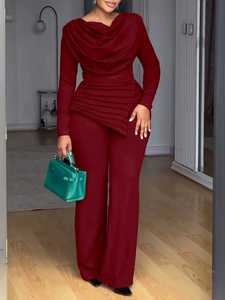 Ensemble pantalon pour femmes grandes tailles BYJ658, haut décontracté à col en V froncé et pantalon évasé, ensemble deux pièces pour femmes, tenues pour femmes - Product Image 6