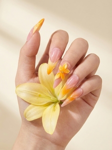 <span class=keywords><strong>Uñas</strong></span> Postizas Largas Stiletto Hechas a Mano, Degradado Naranja Atardecer, Flor Ámbar Translúcida 3D, <span class=keywords><strong>Uñas</strong></span> de Gelatina Elegantes de Verano al por Mayor - Product Image 2