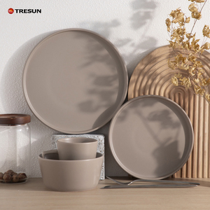 Bán Buôn 16 Pcs Bắc Âu Gốm Sang Trọng Đồ Đá Màu Rắn Đầy Đủ Thiết Lập Matte Brown Bộ Đồ Ăn Tấm Gốm Bộ Đồ Ăn Bộ - Product Image 5