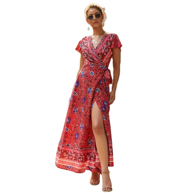 New Boho Floral V Neck Maxi Vestidos 10 Estilos Padrão de Impressão Lacing Up Cintura Slit Vestidos de Verão para As Mulheres