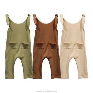 Infant babyboys and girls shoulder strap romper with pockets summer sleeveless ribbed cotton baby cute romper