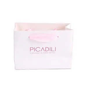 Saco de papel branco luxuoso requintado para presente, saco de papel para roupas com logotipo personalizado rosa