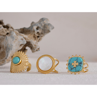 JINYOU 2047 Bague ouverte réglable en acier inoxydable, style bohème, avec pierre turquoise naturelle et coquillage, motif croix carrée