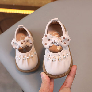 Chaussures plates pour petites filles style princesse, chaussures souples en cuir pour enfants, chaussures de marche pour filles avec nœud et perles, style princesse - Product Image 3