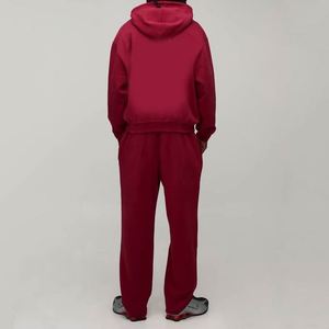 Burgundy Red Solid <b>Full</b> <b>Zip</b> <b>Hoodie</b> Straight Leg Sweatpants Custom Men Two Piece Sweatsuit - Product Image 2