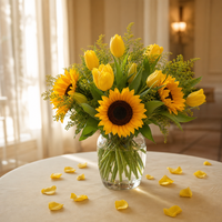 Lot de fleurs artificielles assorties en gros : tournesol jaune, tulipe, pétales de rose – Ensemble 3-en-1 pour centre de table de mariage, fête et décoration intérieure