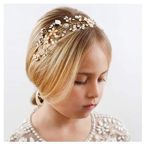 New DesignFlower Girl Headband for Wedding Baby Girl Flower Pearl Hair Piece Gold Headpiece for Birthday Party Photography