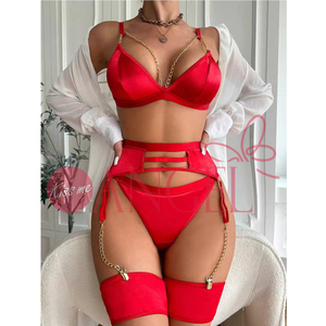 KISS ME ANGEL fashion hottie red sexy bra set deep v-neck metal chain <span class=keywords><strong>arter</strong></span> belt nighty sexy lingerie per donne mature - Product Image 1