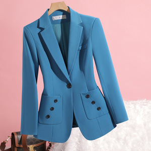 Women's Peacock Blue <b>Blazer</b> Solid Color Polyester Anti-Wrinkle Suit Jacket For Office And Casual Wear - Product Image 1