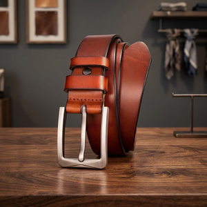 Custom High Quality Cow Hide Gents <b>Belts</b> Solid Square <b>Vintage</b> Steel Buckle Waterproof Eco-Friendly Heavy Duty Lightweight 3.8cm - Product Image 1