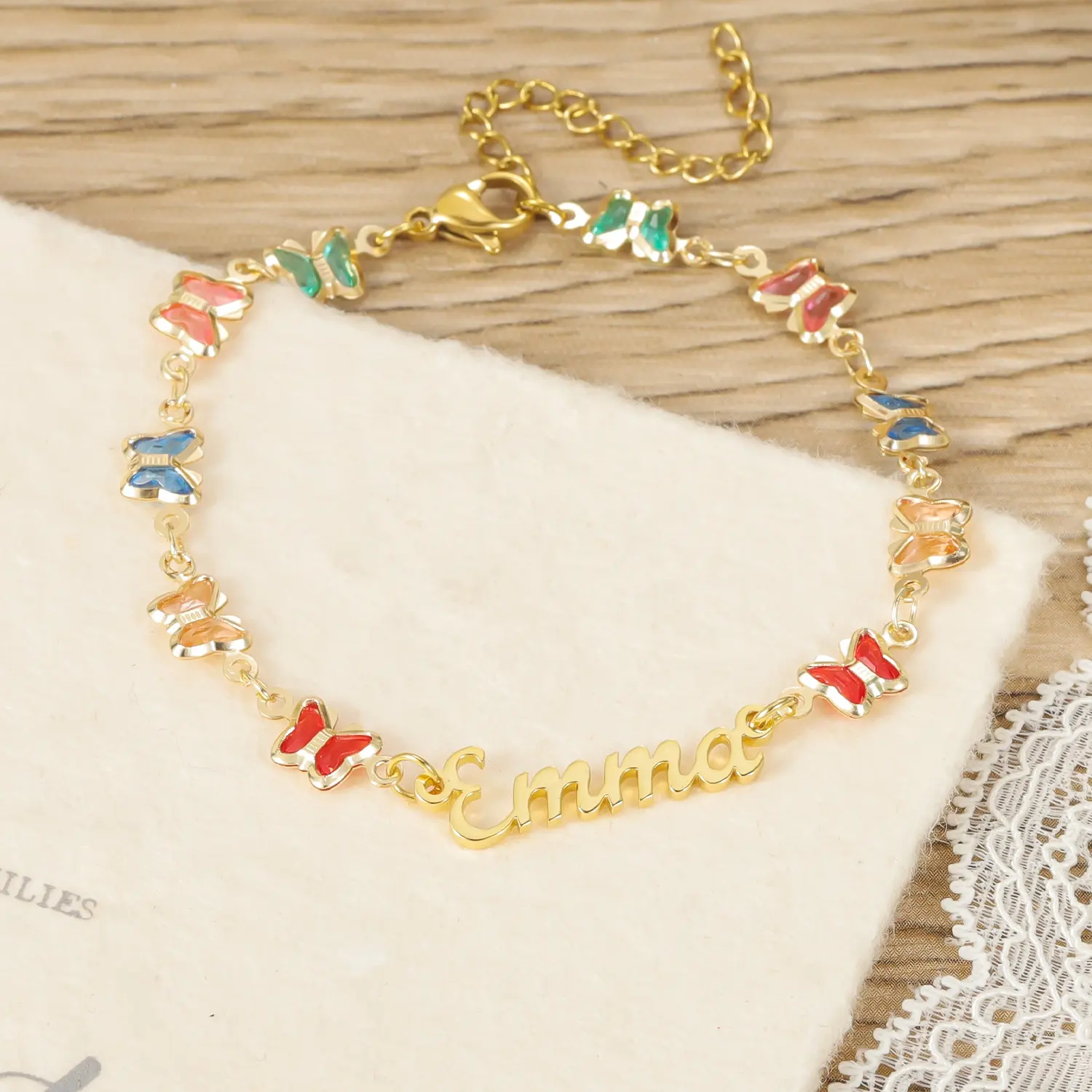 Custom Name Bracelet With Crystal Stone Butterfly Chain Jewelry For Women Fashion Jewelry Bracelets 18K Gold Plated