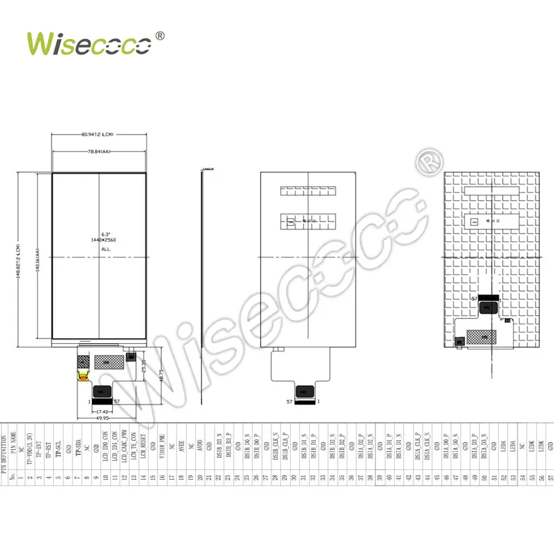 Wisecoco 안정적인 공급 낮은 Moq 사용자 정의 화면 표면 처리 밝기 6.3 인치 Mipi 1440*2560 Ips Tft LCD 디스플레이