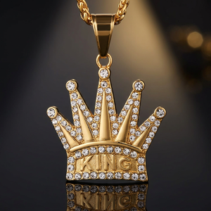 Collier pendentif couronne en acier inoxydable plaqué or avec breloque roi incrustée, chaîne à maillons, bijoux hip-hop - Product Image 3
