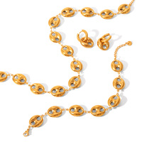 Ensemble de bijoux pour femmes style Ins avec maillons en forme de nez de cochon |   Collier, bracelet et boucles d'oreilles en acier inoxydable plaqué or creux