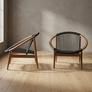Modern Minimalist Solid Teak Wood Lounge Chair with Black Rope Weaving Scandinavian Style <b>Armchair</b> for Outdoor <b>Dining</b> & Park Use - Product Image 3