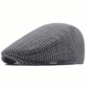Bérets en laine tweed à carreaux chevrons pour hommes, chapeaux plats Gatsby à carreaux pour l'automne et l'hiver, casquettes plates chaudes d'extérieur style Ivy - Product Image 3