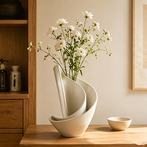 Vase en céramique abstrait blanc mat incurvé 3D, style Japandi, pour décoration de table à manger ou fenêtre en bois clair - Product Image 3