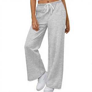 Pantalones Deportivos Anchos para Mujer, Cintura Media, Cordón Ajustable, Color Gris Sólido, Corte Holgado Informal, Largos, Tela de Felpa, Transpirables, 100% Algodón - Product Image 4
