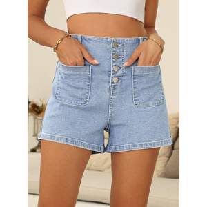 Shorts de Mezclilla de Cintura Alta con Botones y Control de Abdomen para Mujer, Corte Recto Ajustado, Color Azul Islandia, Talla 14, Hecho en China - Product Image 6