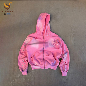 OEM Custom logo logo Vintage Wash Rhinestone Hoodie Men Streetwear Distressed Sun Faded Cropped Hoodie Fashion Full Zip Hoodie - Product Image 1