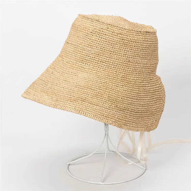 X1042新しい手織りのエレガントなラフィア麦わら帽子旅行日焼け止め折りたたみ式ラフィアかぎ針編み帽子大人の日焼け止めキャップ