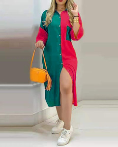 เสื้อผ้าผู้หญิงขายดี ชุดเดรสเชิ้ตมิดิติดกระดุมลายปะติดปะต่อแฟชั่นฤดูใบไม้ผลิใหม่สำหรับผู้หญิง - Product Image 5