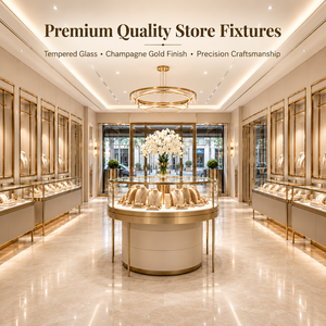 Mueble de Exhibición para Joyería Personalizado OEM, Vitrina con Vidrio Templado y Luces LED en Color Oro Champán para Boutique de Joyería, Solución Interior Llave en Mano - Product Image 1