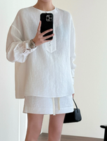Ensemble chemise et short en lin personnalisé pour femme, haut plissé à manches longues, tenue minimaliste deux pièces, coupe décontractée