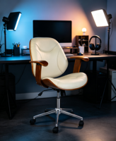 Chaise de bureau de luxe en crème avec accoudoirs en bois, réglable en hauteur, pivotante, avec roulettes
