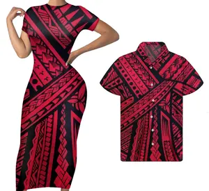 Originale Nero Rosso Tribal Retro Polinesiana 2pcs Set Stampato Floreale Paio di Vestiti Delle Donne Manica Corta Abiti da Abbinare Camicie