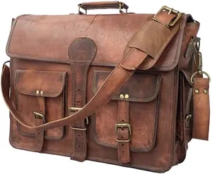 18 Inch Vintage Handmade Leather Travel Messenger Office Crossbody Bag Laptop Briefcase For Men And Women