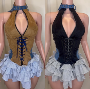 Viviblook Z808DS01 Mujeres Bodycon Color Bloqueo Empalme Otoño Nuevo Backless Fluffy Halter Street Mini vestidos sin mangas - Product Image 1