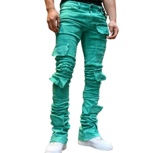 Jean cargo homme coupe slim évasée sur mesure, taille mi-haute, bords effilochés, effet usé, style empilé, vente en gros - Product Image 3